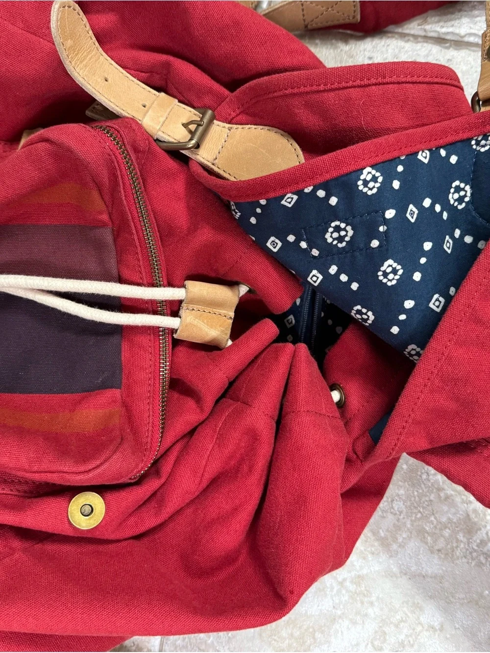 Red Canvas Stripe Drawstring Backpack